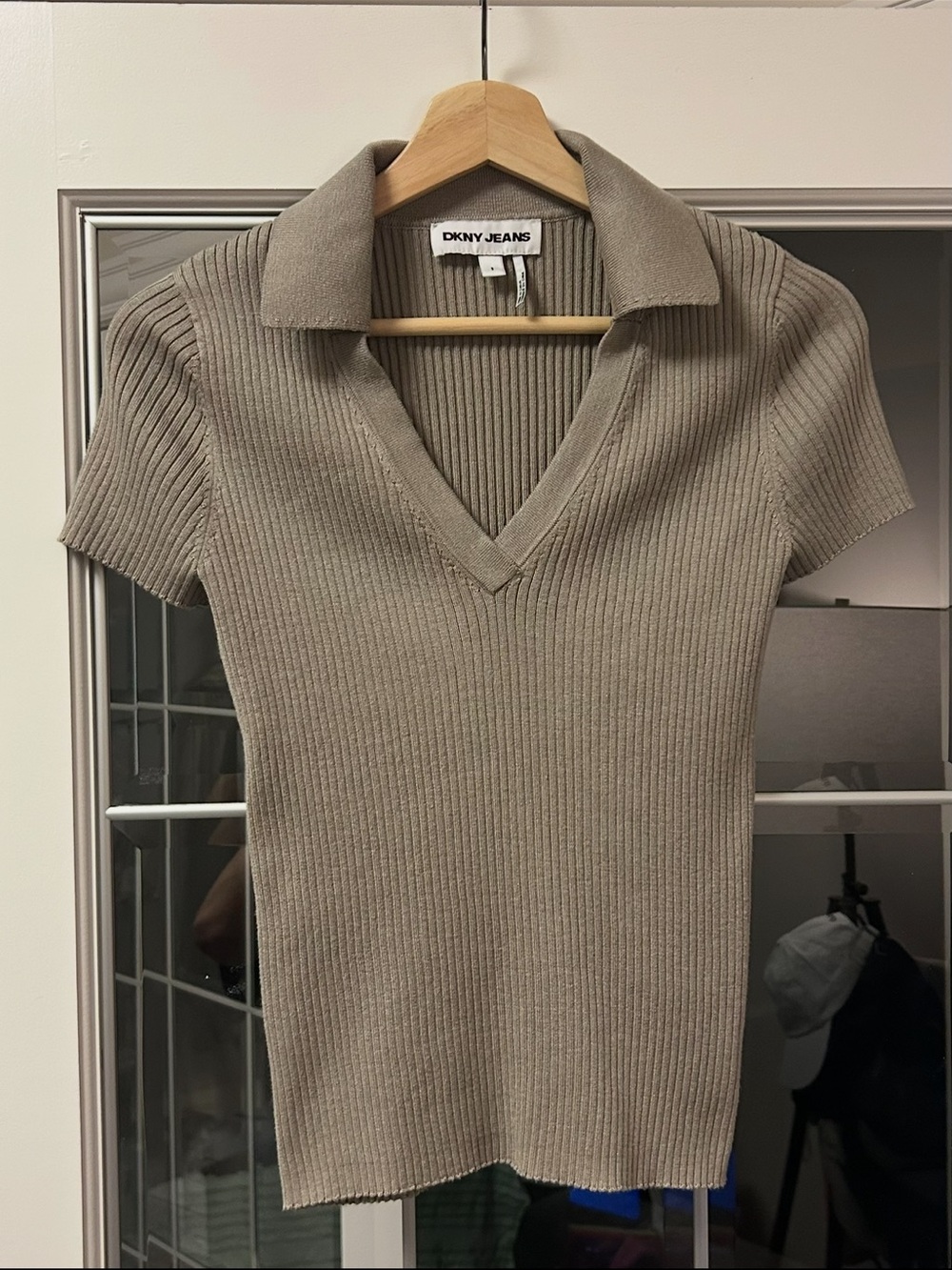 DKNY Jeans Ribbed V-Neck Knit Top — Beige- worn once to work